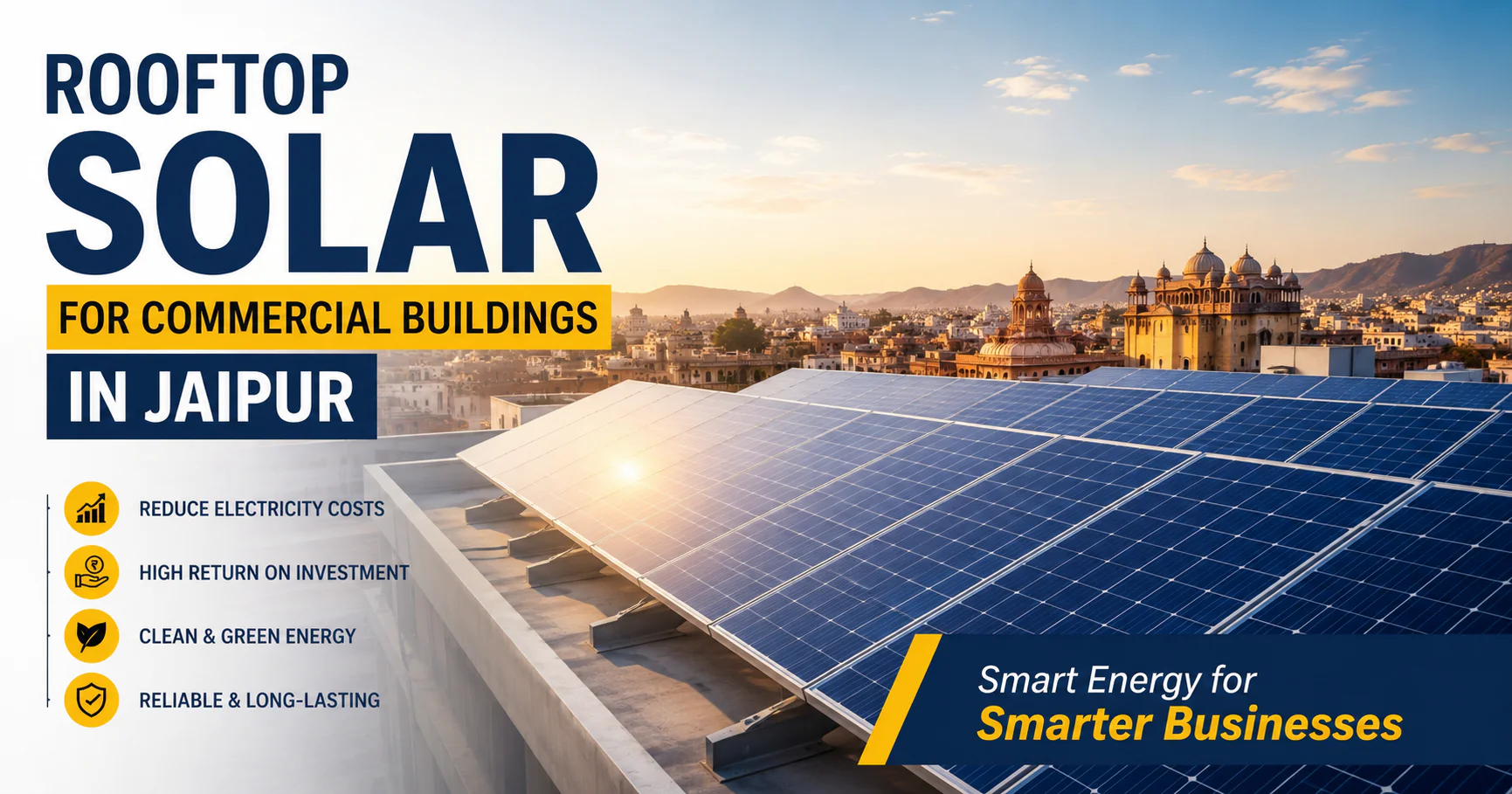 Rooftop Solar for Commercial Buildings in Jaipur with commercial solar panels installed on a business rooftop